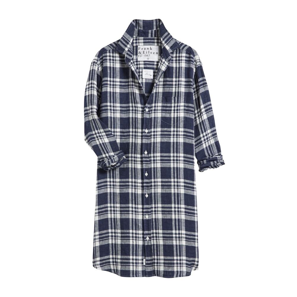 Frank & Eileen Mary Plaid Linen Shirt Dress Navy White Long Sleeve Small NWOT - Picture 2 of 7